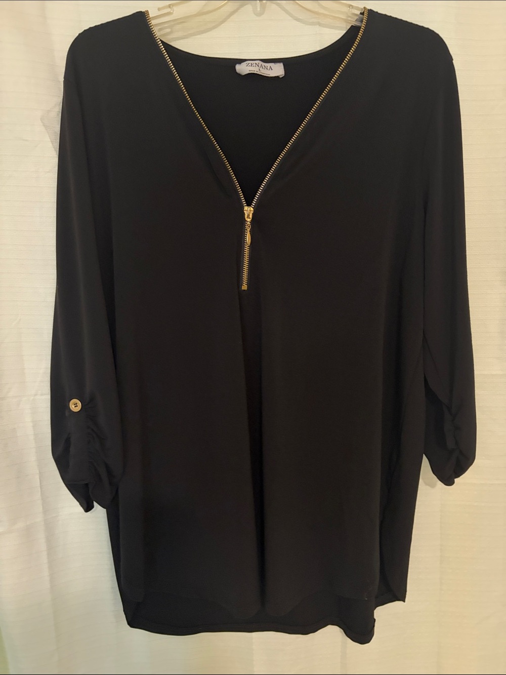 Zenana Outfitters Black V-Neck Zip-Front Blouse with Gold Trim